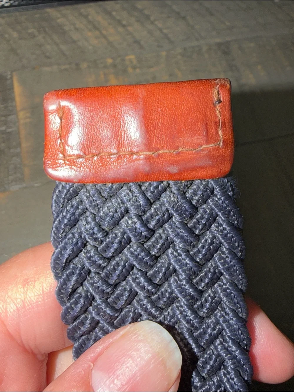 Men's original penguin 34-36 Navy Woven Belt with‎ Brown Leather Trim